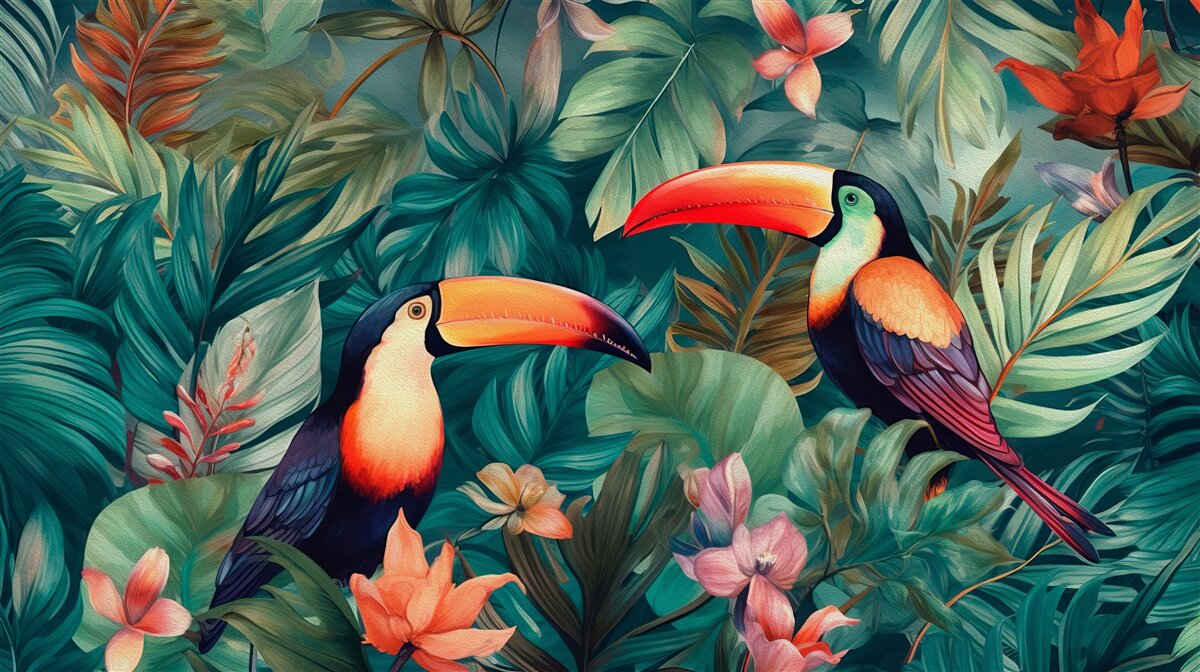 Fototapeta duże papugi wśród liści