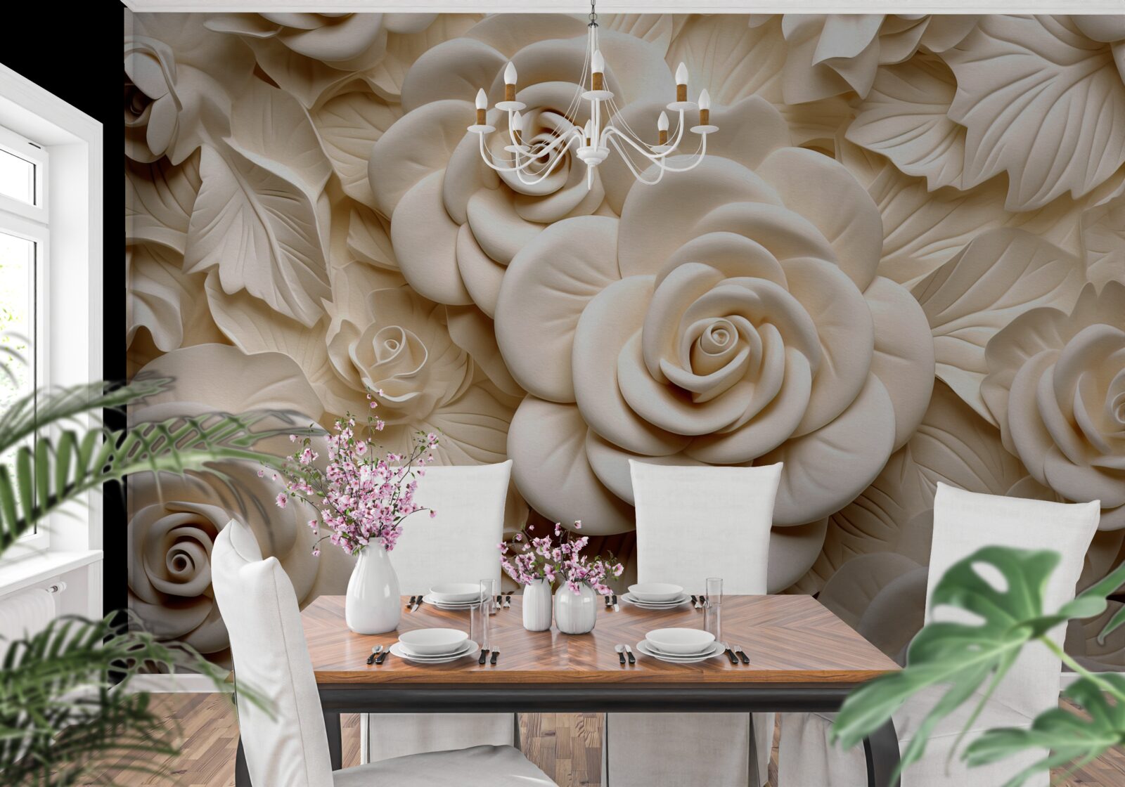 Fototapeta róże gipsowe o dużych rozmiarach w jasnych odcieniach