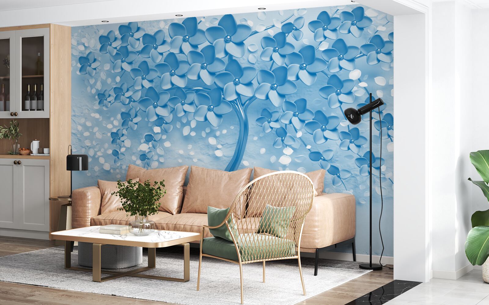 Fototapeta rozległe niebieskie drzewo z kwiatami