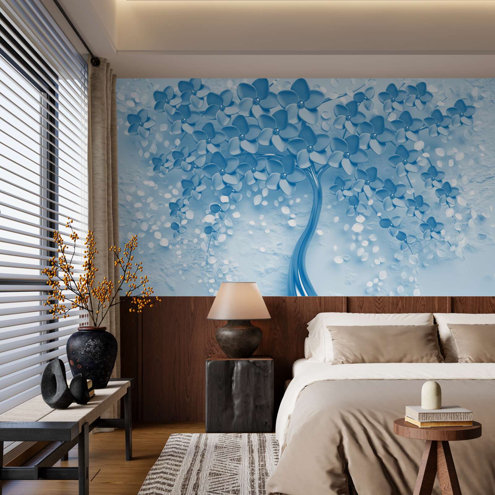 Fototapeta rozległe niebieskie drzewo z kwiatami