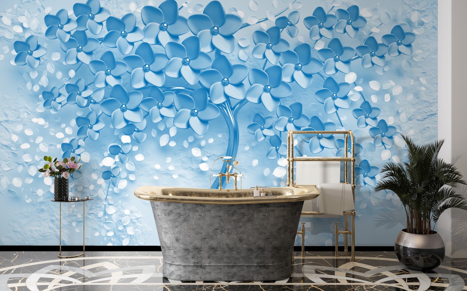 Fototapeta rozległe niebieskie drzewo z kwiatami