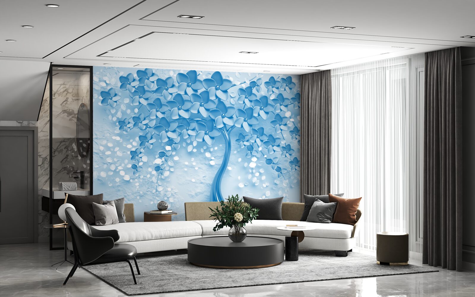 Fototapeta rozległe niebieskie drzewo z kwiatami