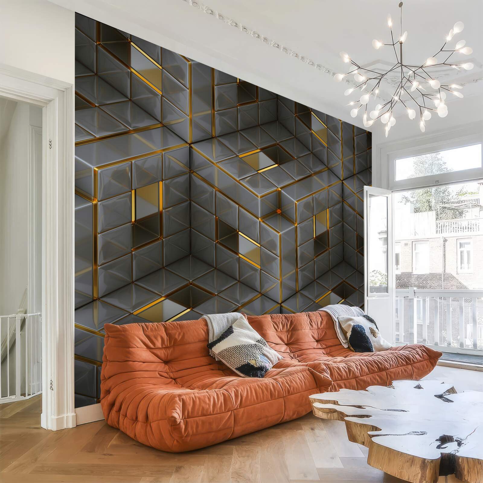 Fototapeta kostki 3d ze złotymi elementami