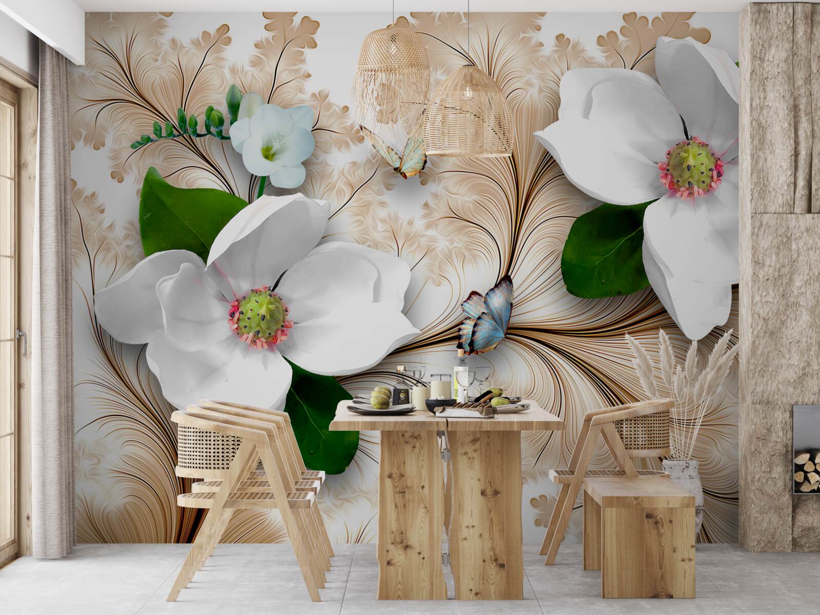 Fototapeta jasne śnieżnobiałe kwiaty na brązowym tle