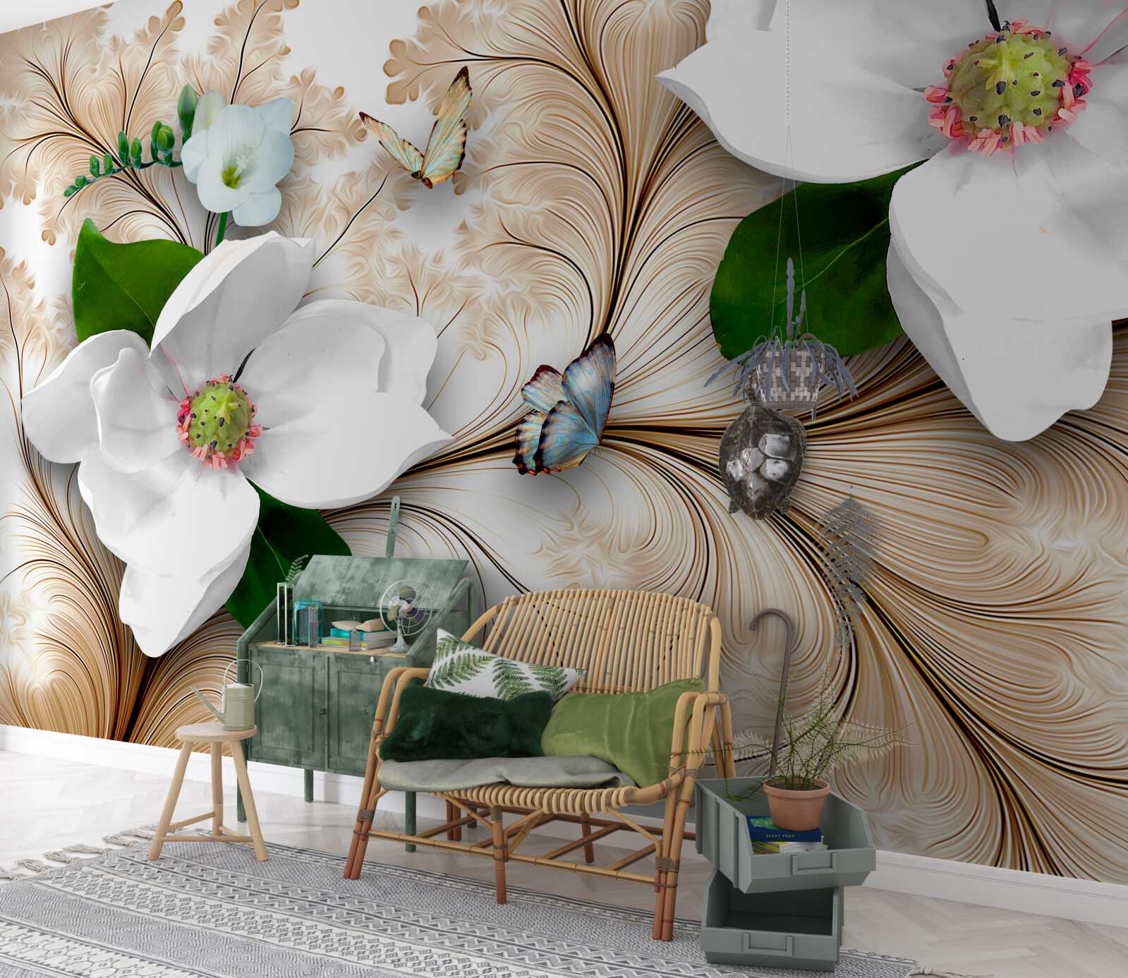 Fototapeta jasne śnieżnobiałe kwiaty na brązowym tle