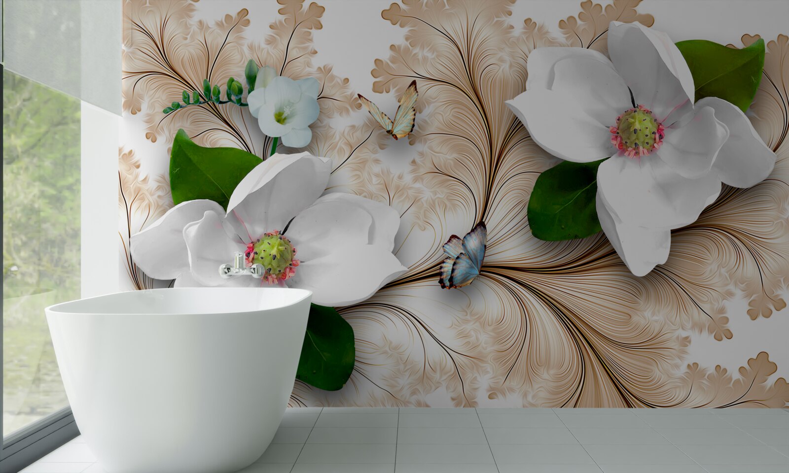 Fototapeta jasne śnieżnobiałe kwiaty na brązowym tle