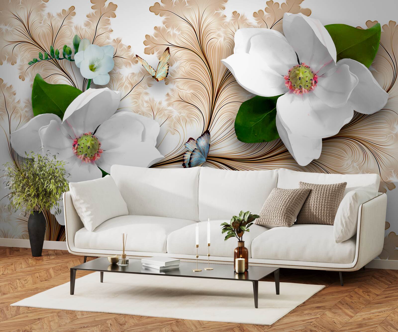 Fototapeta jasne śnieżnobiałe kwiaty na brązowym tle