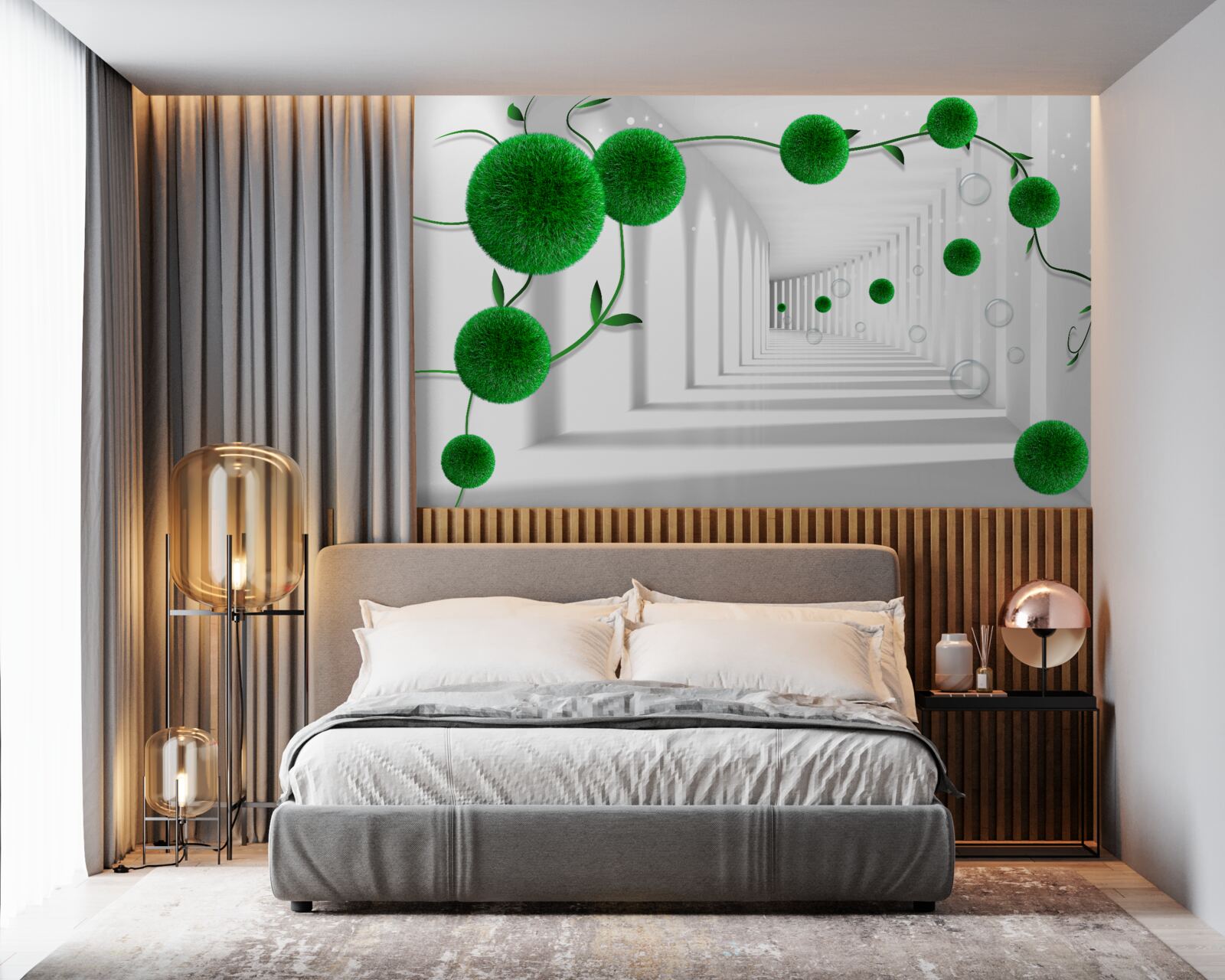 Fototapeta w tunelu unoszą się zielone kulki