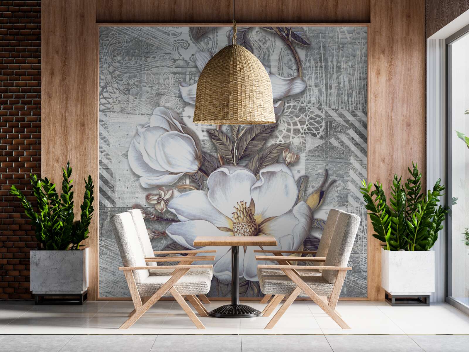 Fototapeta duże białe kwiaty na tle abstrakcyjnych wzorów