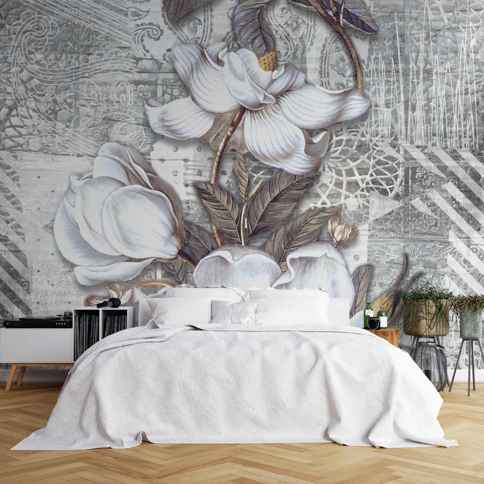 Fototapeta duże białe kwiaty na tle abstrakcyjnych wzorów