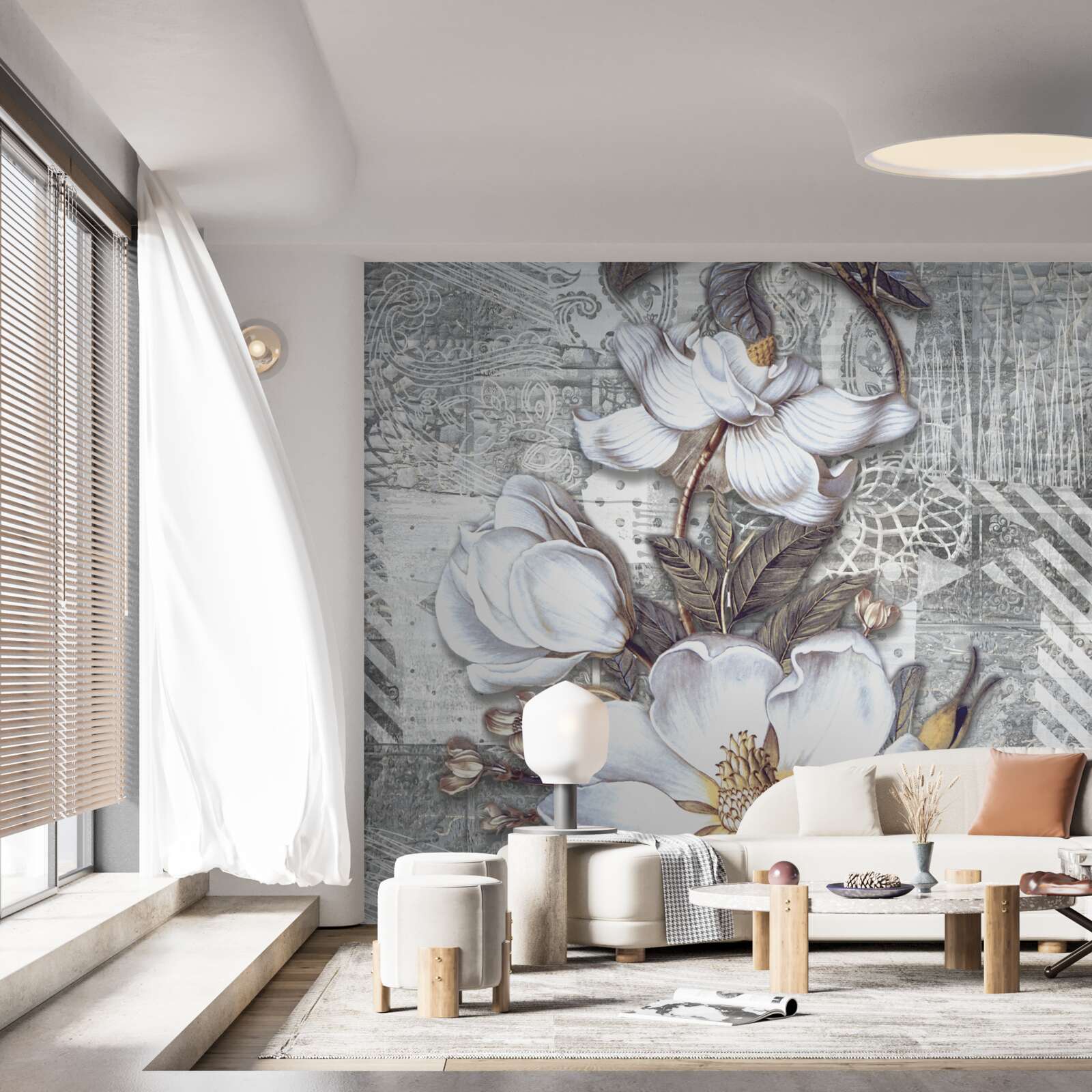 Fototapeta duże białe kwiaty na tle abstrakcyjnych wzorów