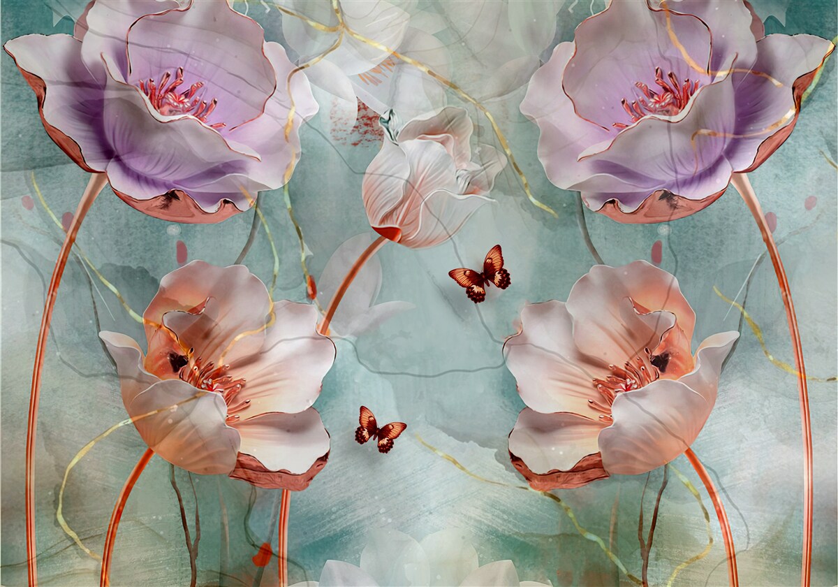 Fototapeta różnorodne maki z trzepoczącymi motylami