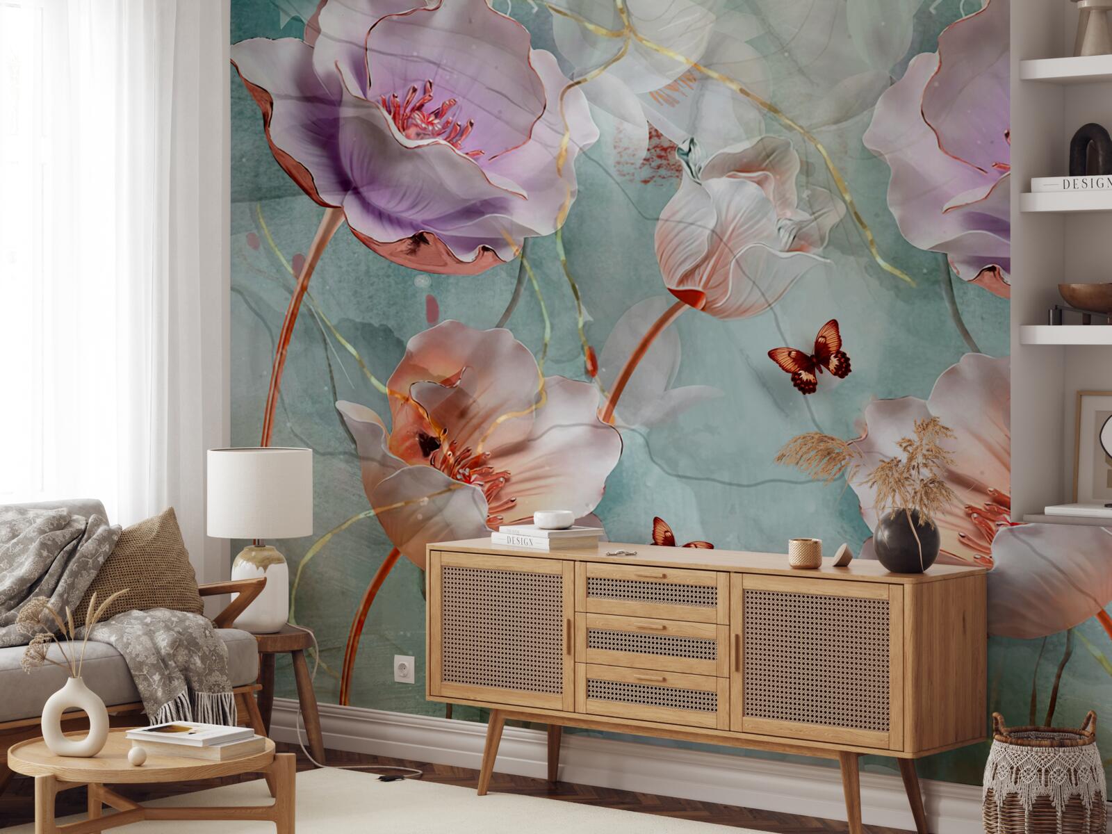 Fototapeta różnorodne maki z trzepoczącymi motylami