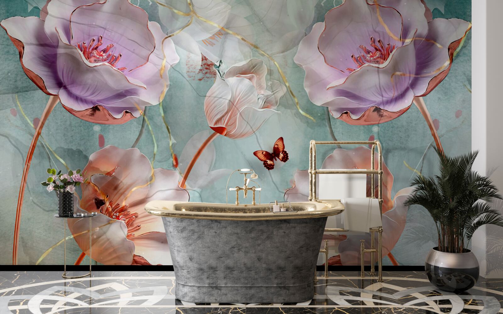 Fototapeta różnorodne maki z trzepoczącymi motylami