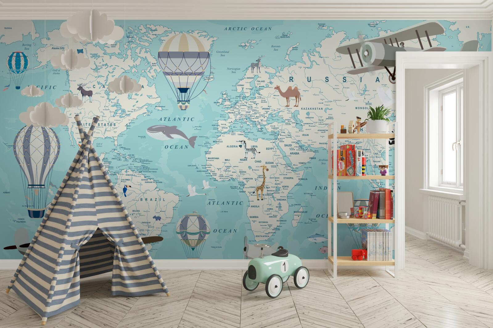 Fototapeta mapa świata w odcieniach błękitu dla chłopca