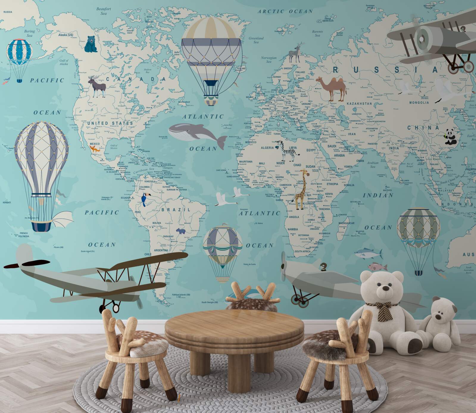 Fototapeta mapa świata w odcieniach błękitu dla chłopca