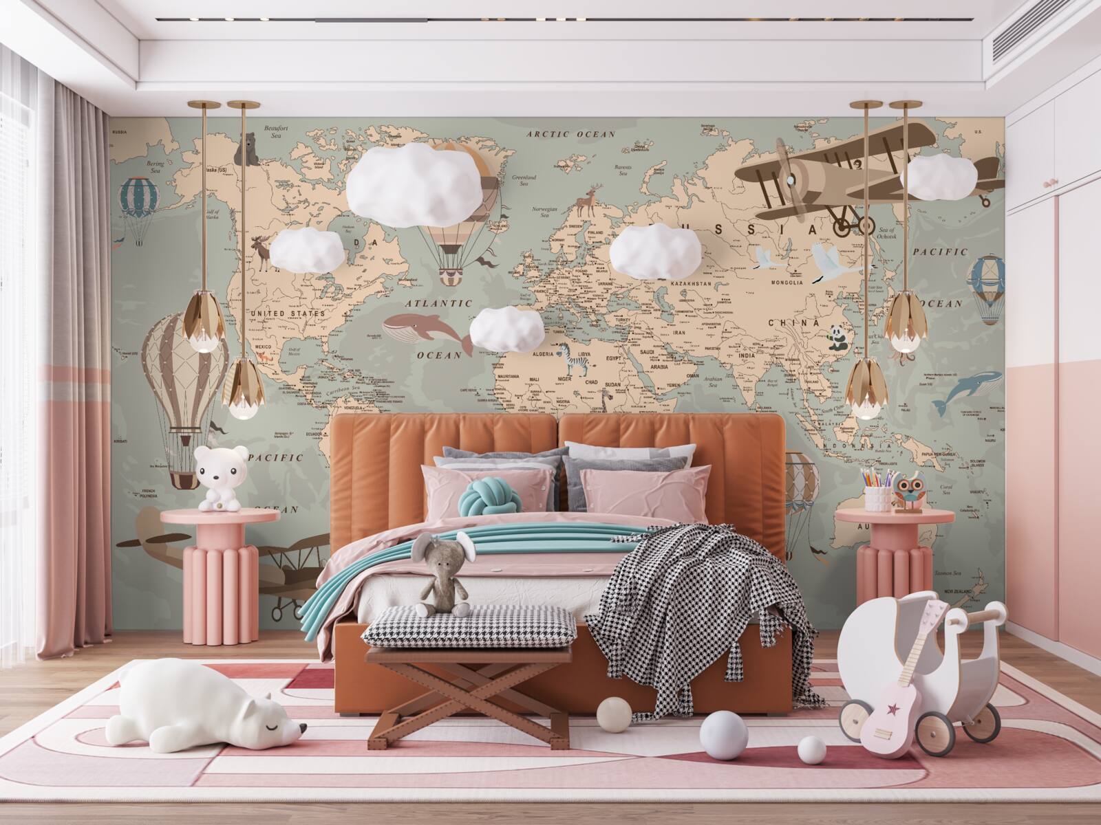 Fototapeta mapa świata ze zdjęciami zwierząt i transportu