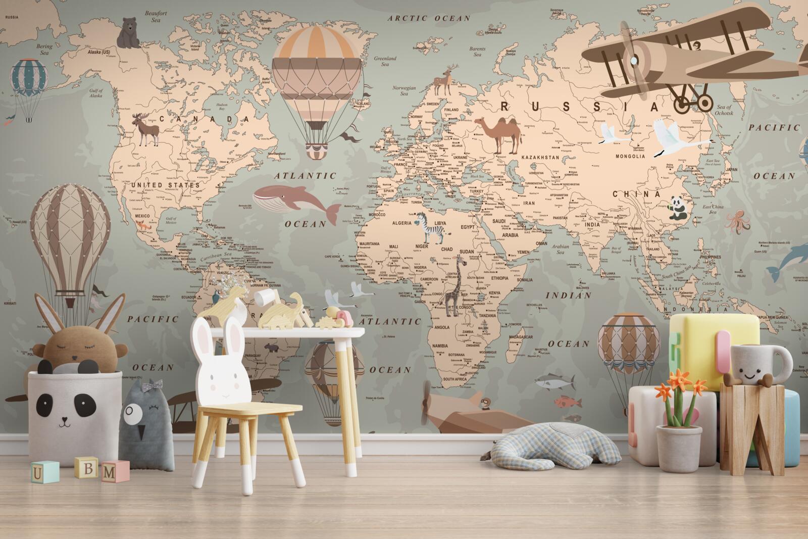 Fototapeta mapa świata ze zdjęciami zwierząt i transportu