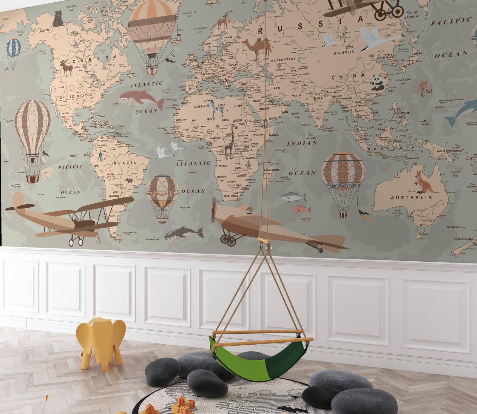 Fototapeta mapa świata ze zdjęciami zwierząt i transportu