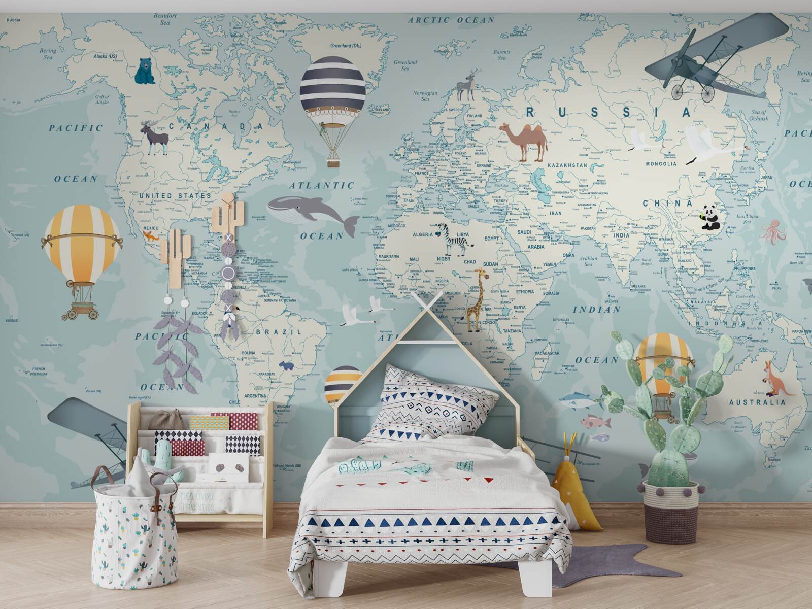 Fototapeta mapa świata pokazująca transport i zwierzęta
