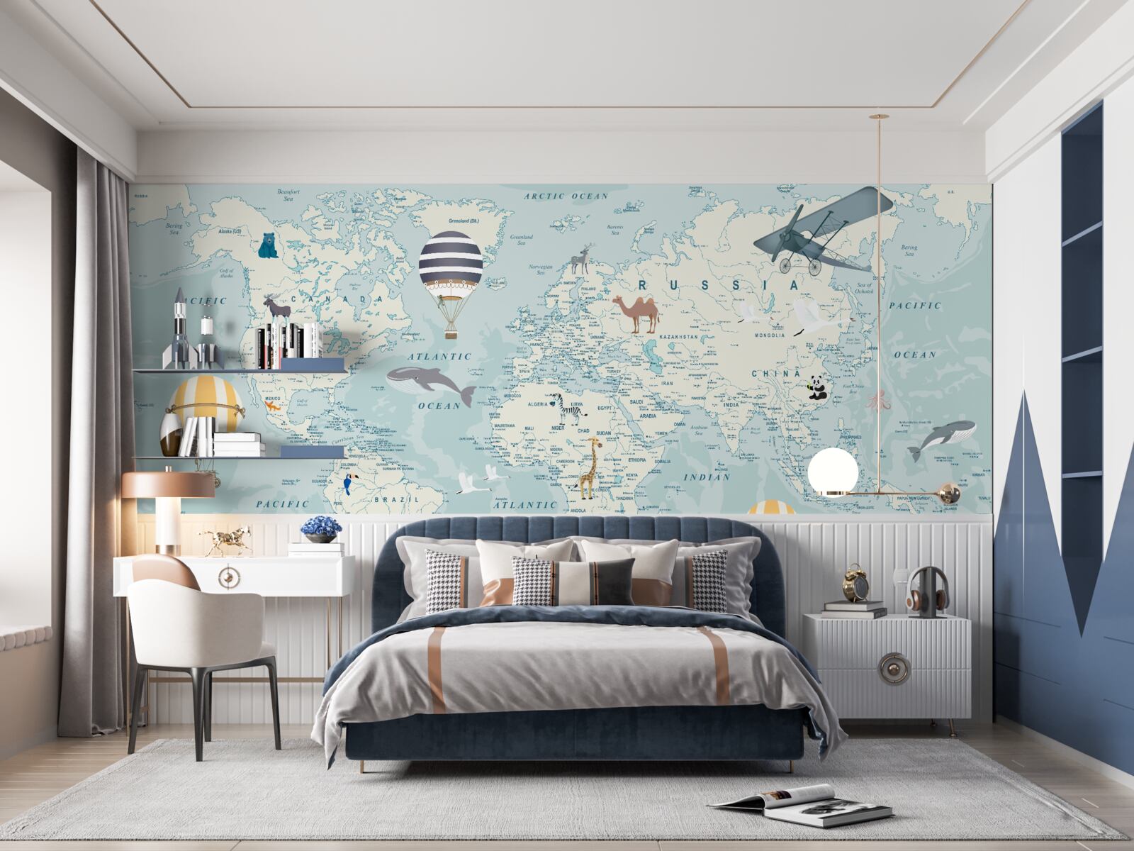 Fototapeta mapa świata pokazująca transport i zwierzęta