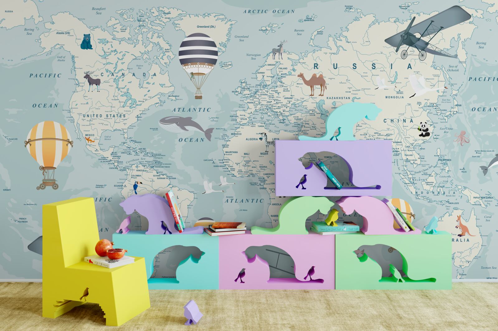 Fototapeta mapa świata pokazująca transport i zwierzęta