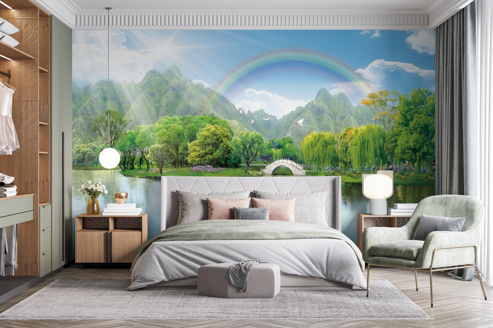 Fototapeta japońskie jezioro górskie z tęczą nad nim