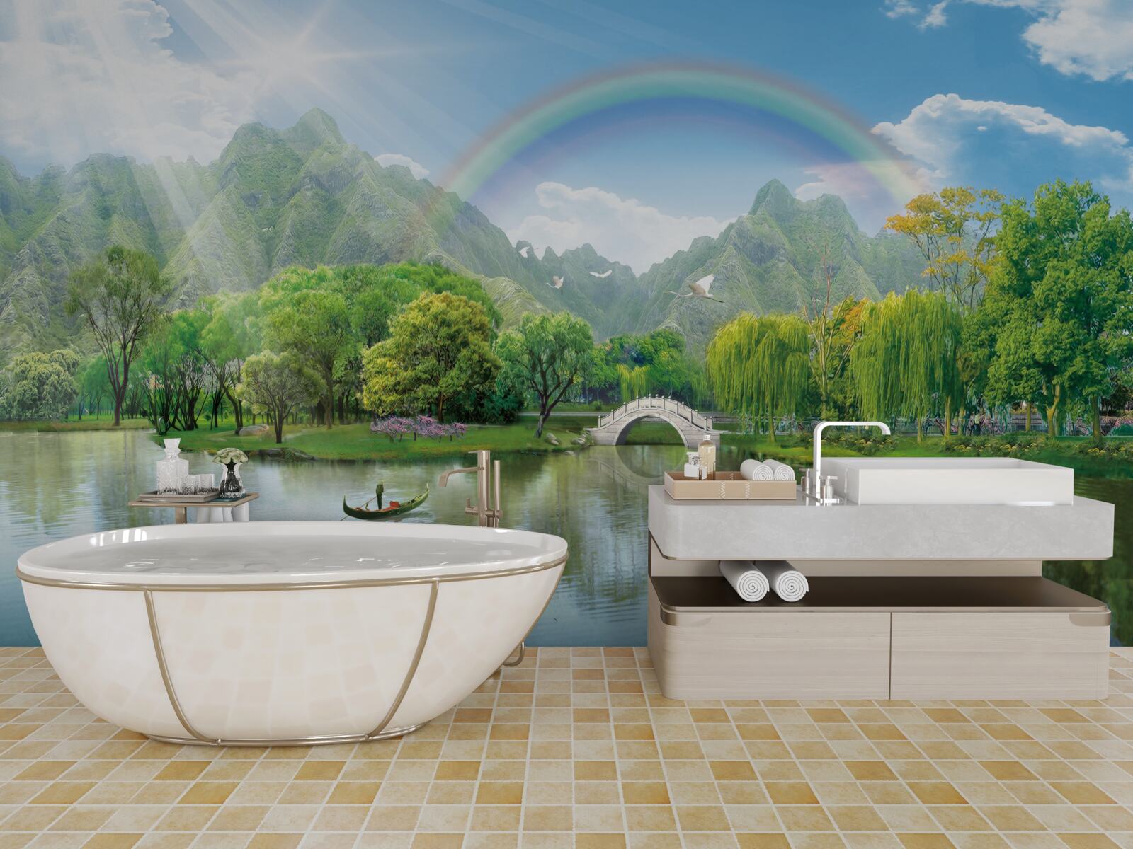 Fototapeta japońskie jezioro górskie z tęczą nad nim