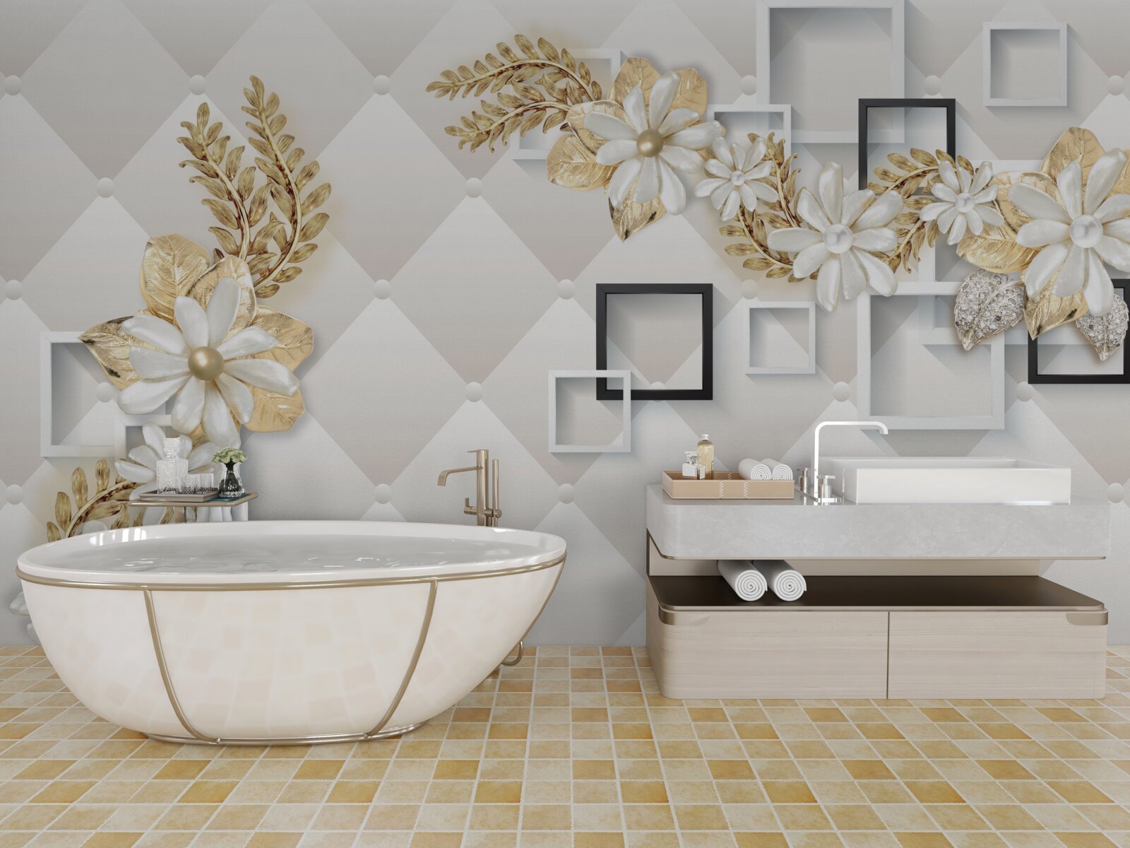 Fototapeta kompozycje kwiatowe w kwadratowych kształtach