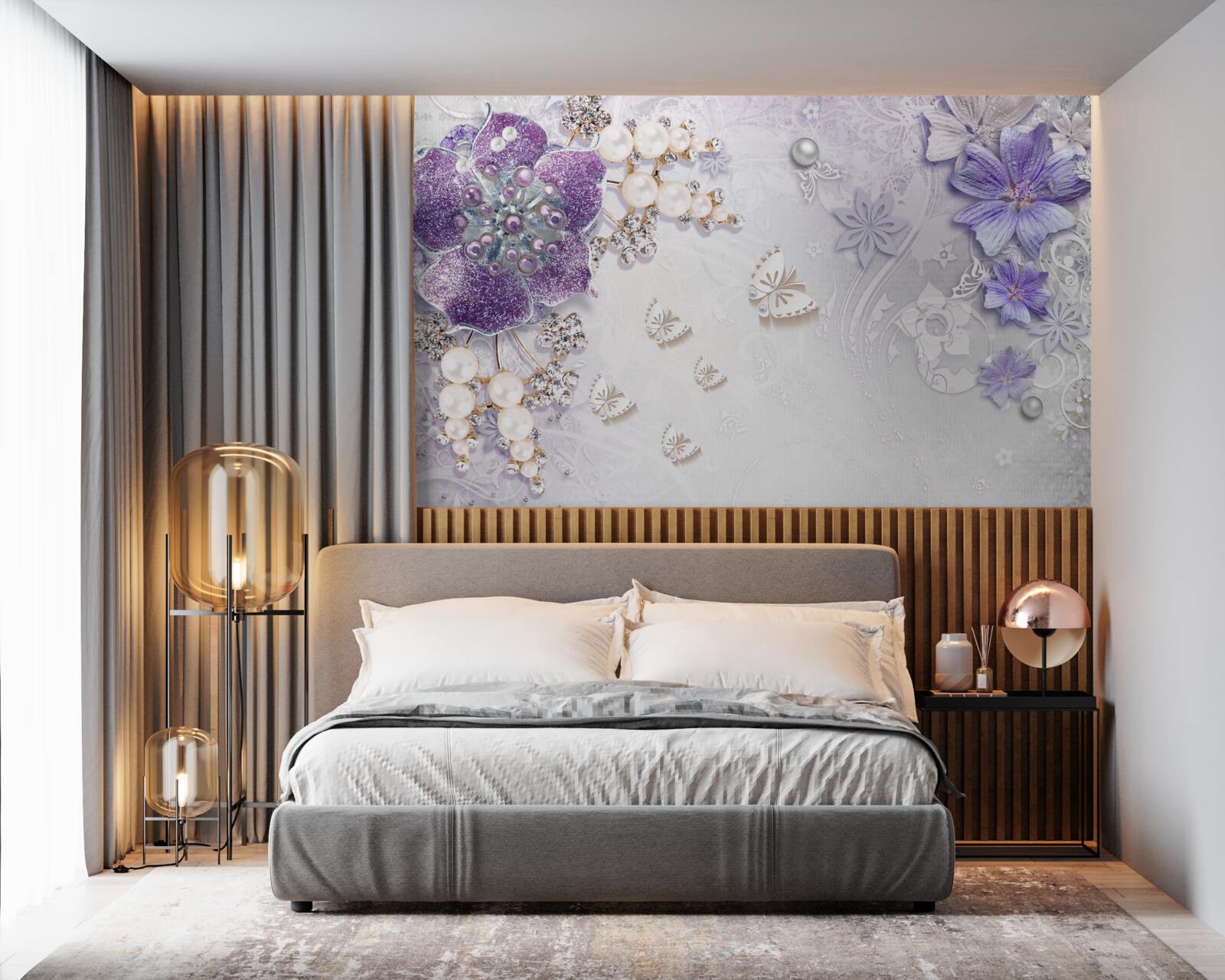 Fototapeta złota orchidea z elementami fioletowymi i perłowymi