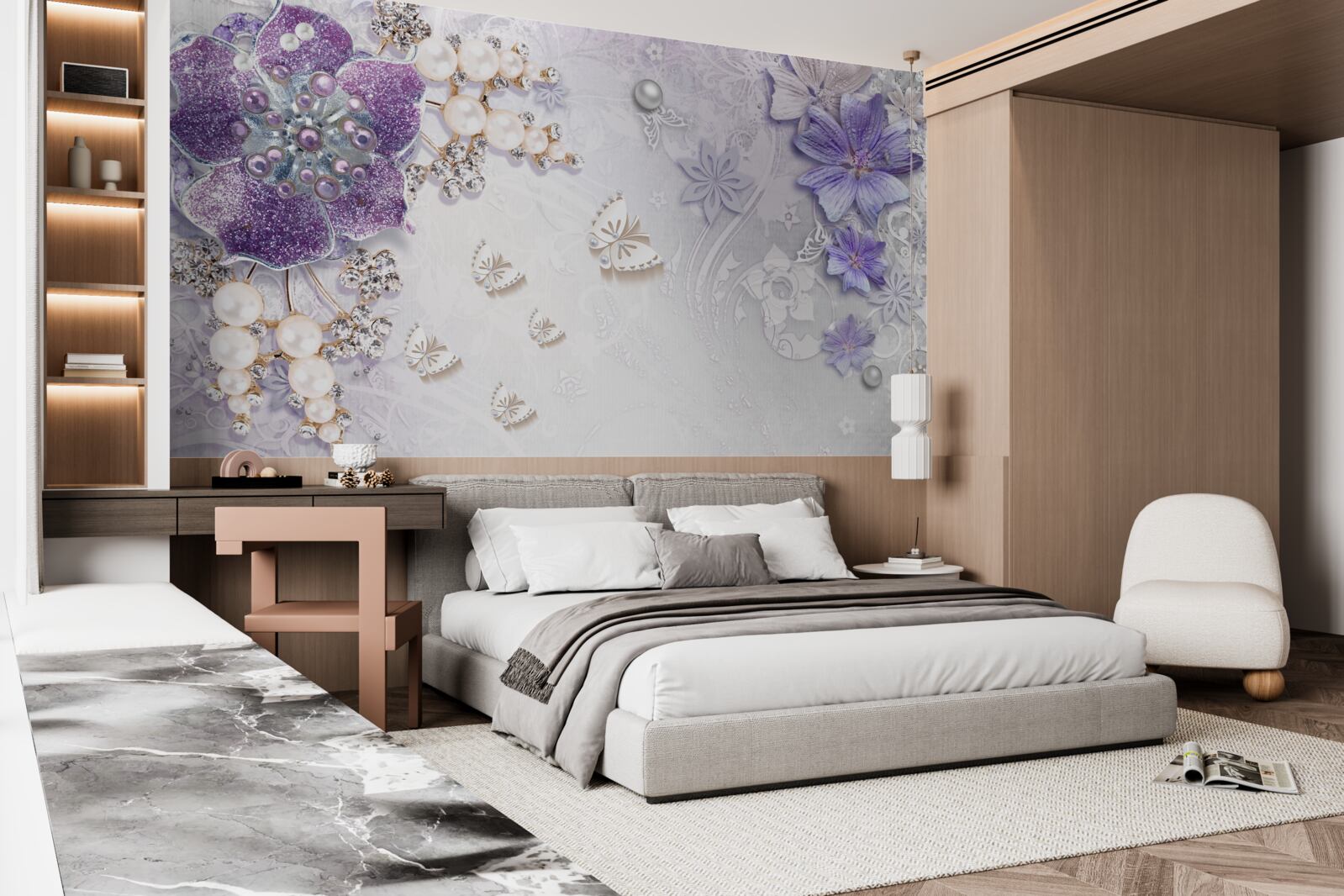 Fototapeta złota orchidea z elementami fioletowymi i perłowymi