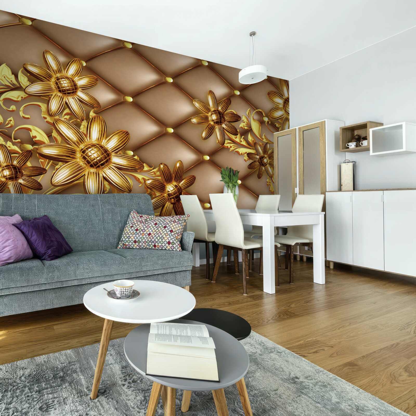 Fototapeta na materiale złote kwiatki