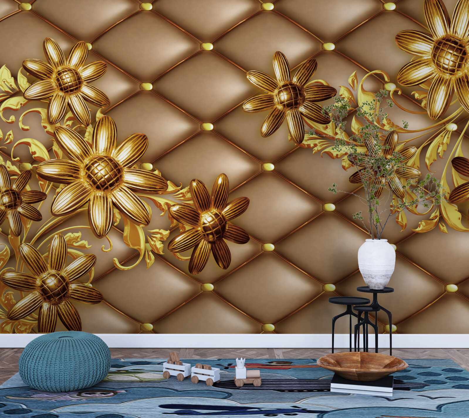 Fototapeta na materiale złote kwiatki