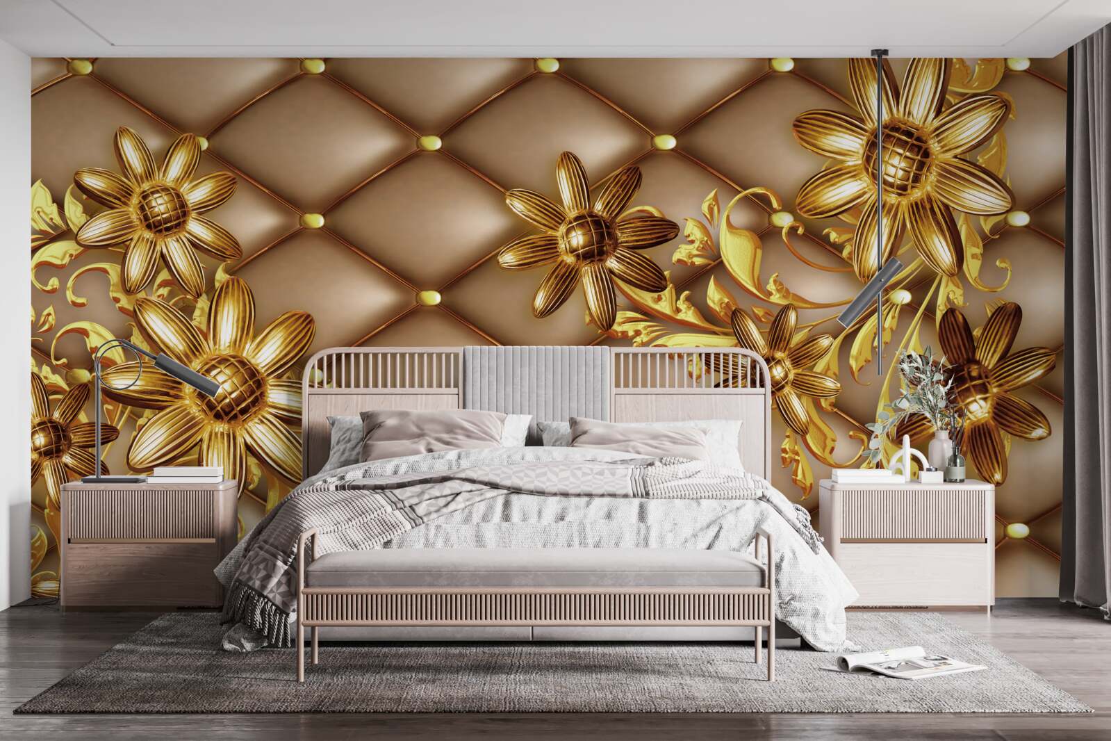 Fototapeta na materiale złote kwiatki