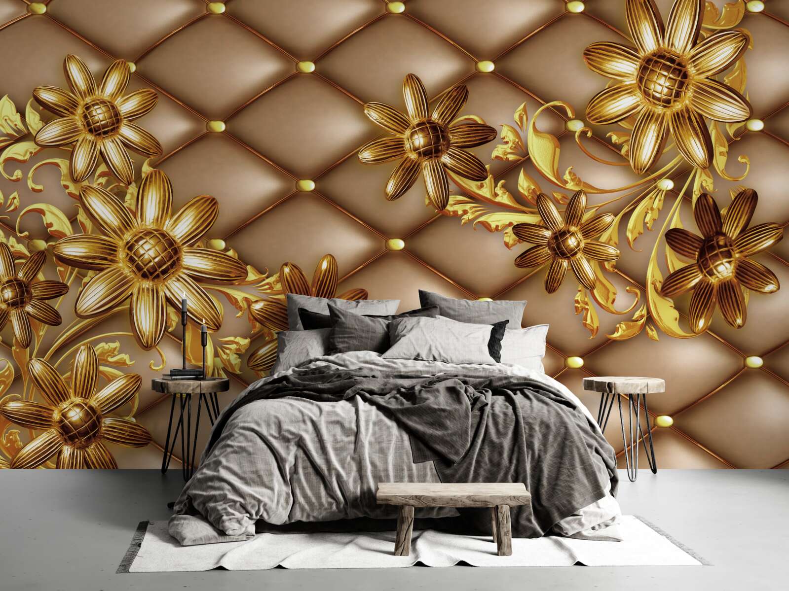Fototapeta na materiale złote kwiatki