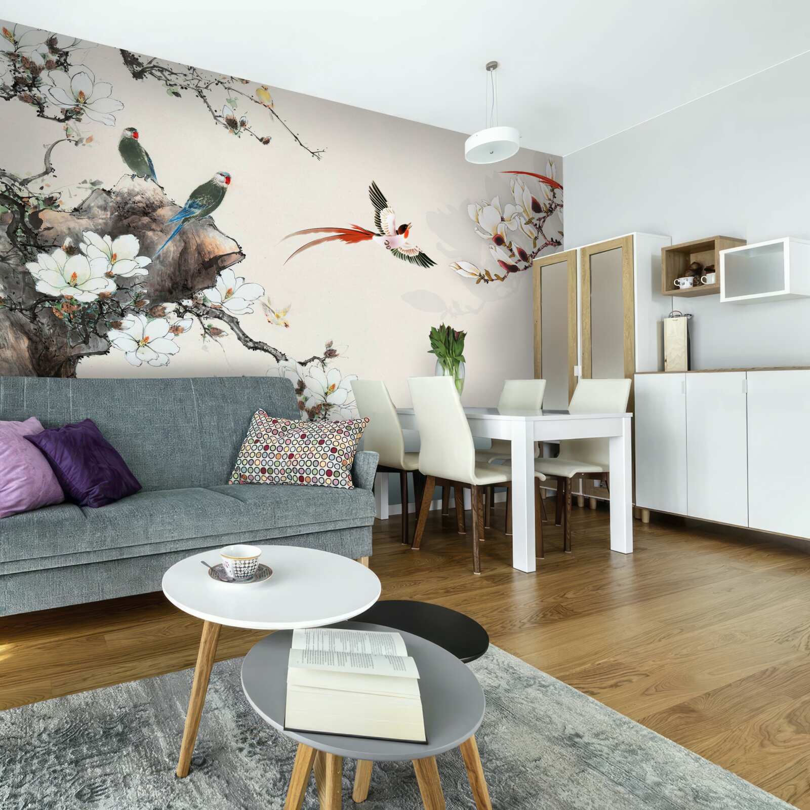 Fototapeta ptaki radują się wśród kwiatów