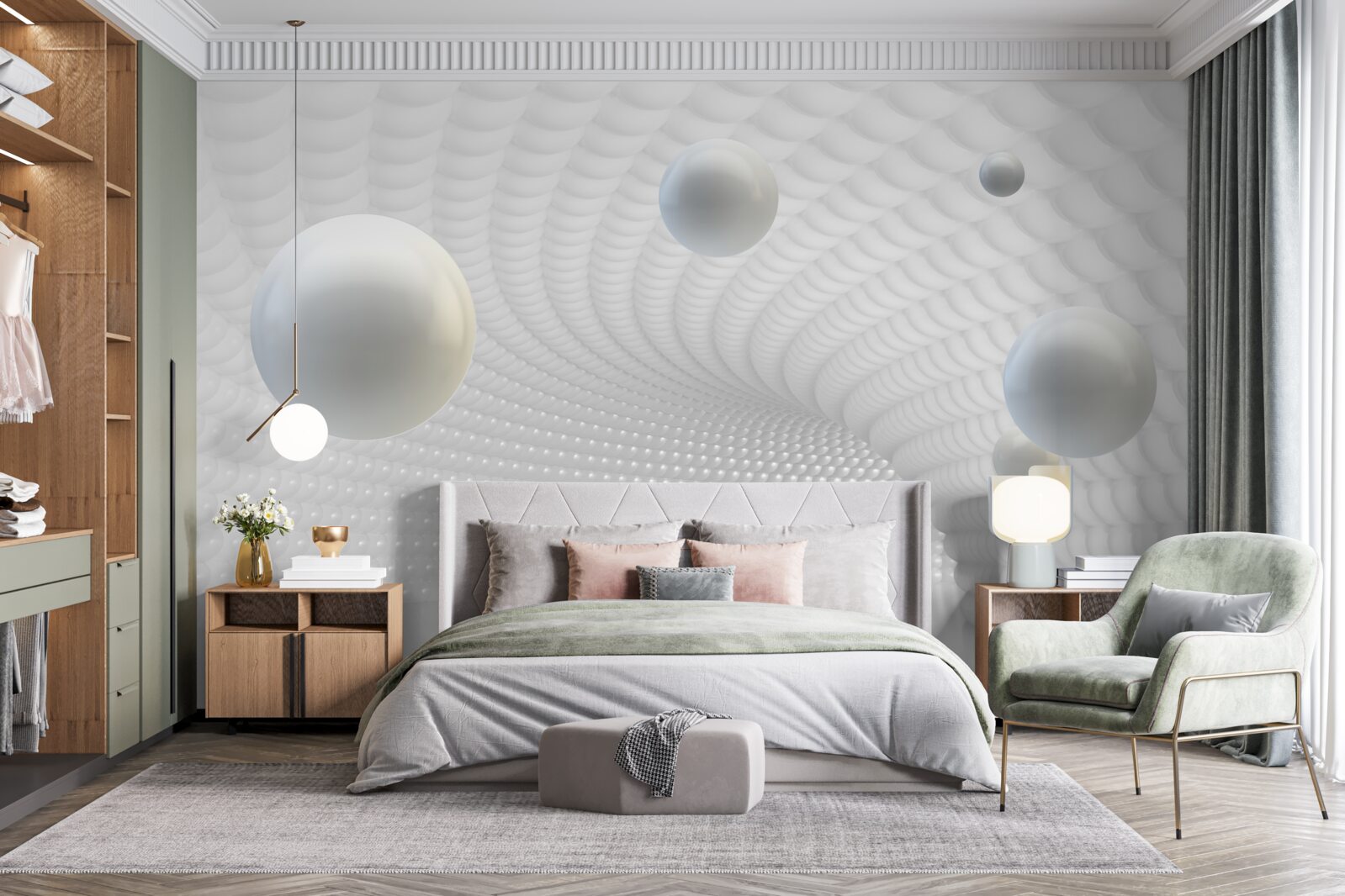 Fototapeta pływające białe kule w korytarzu