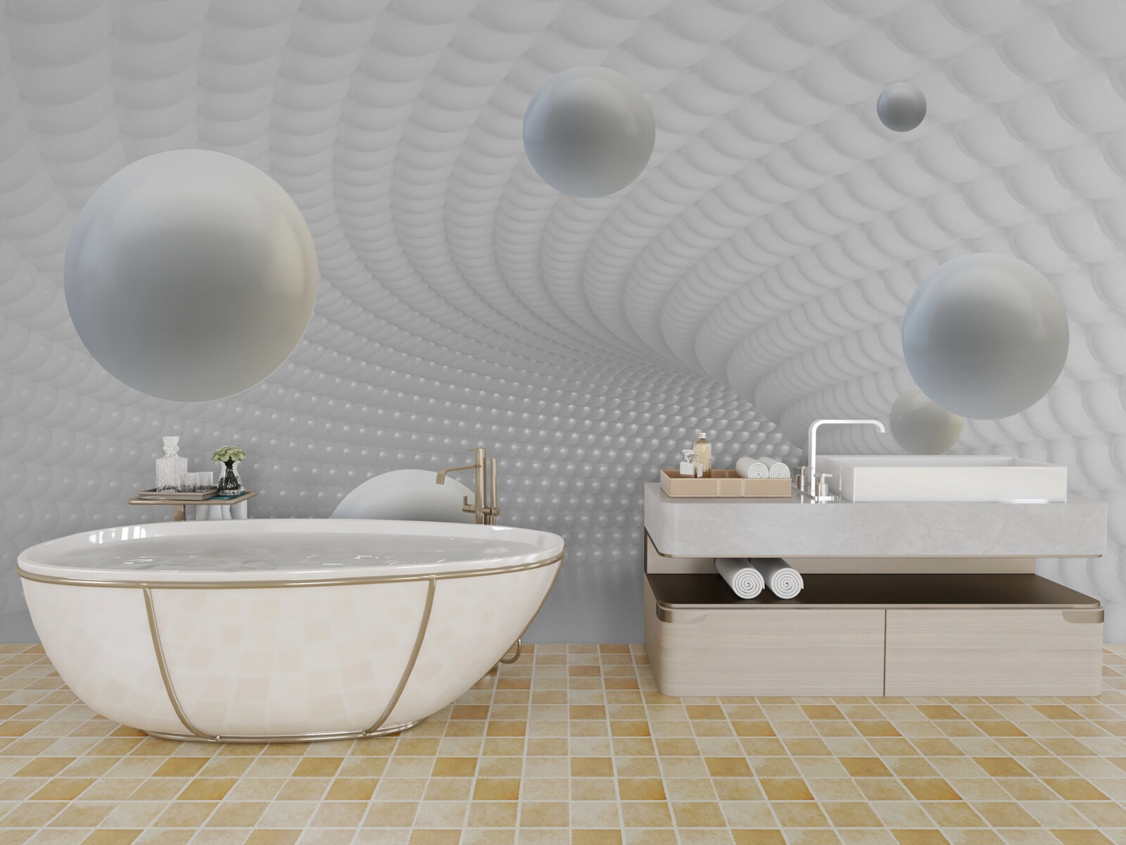 Fototapeta pływające białe kule w korytarzu