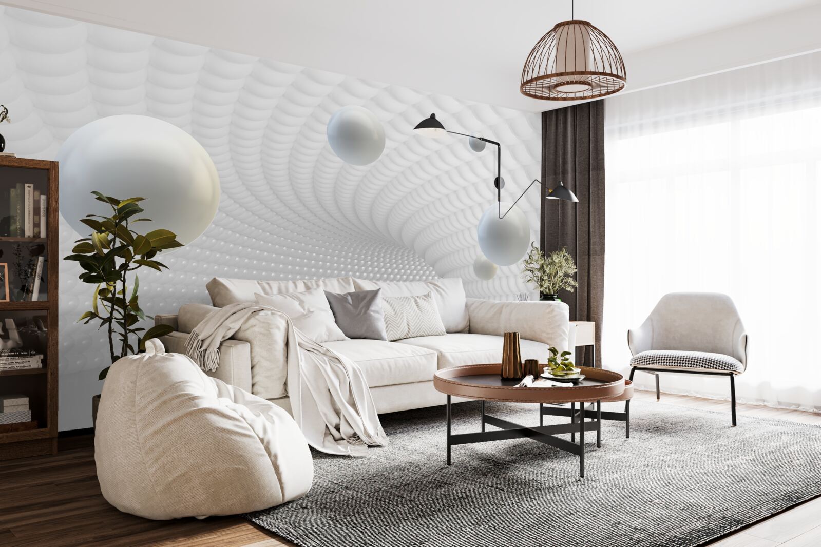 Fototapeta pływające białe kule w korytarzu