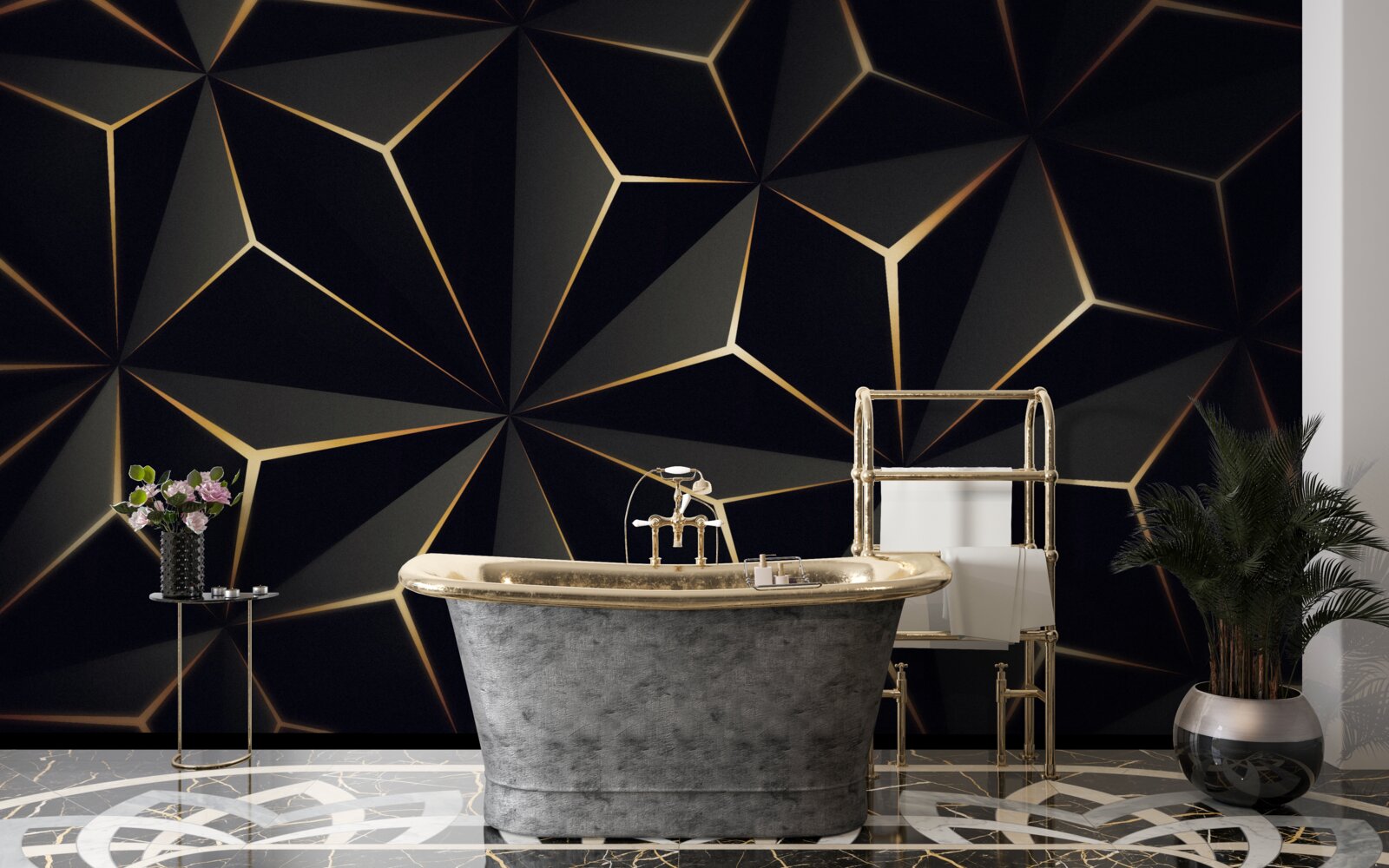 Fototapeta piramidy 3d w kolorze czarnym ze złotymi elementami