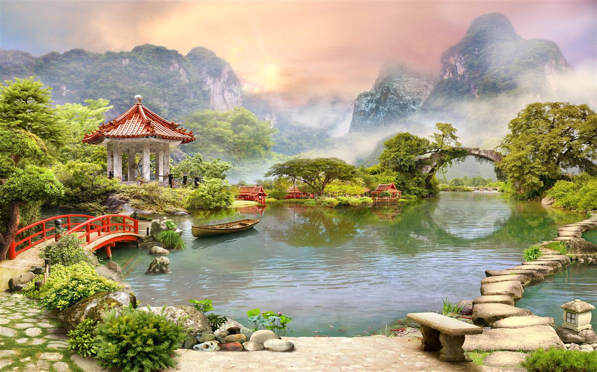 Fototapeta mglisty krajobraz ogrodu japońskiego