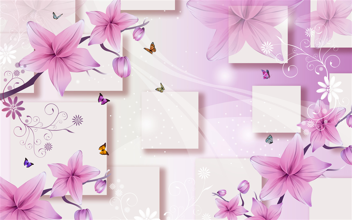 Fototapeta geometryczne kształty ozdobione ciemnofioletowymi kwiatami