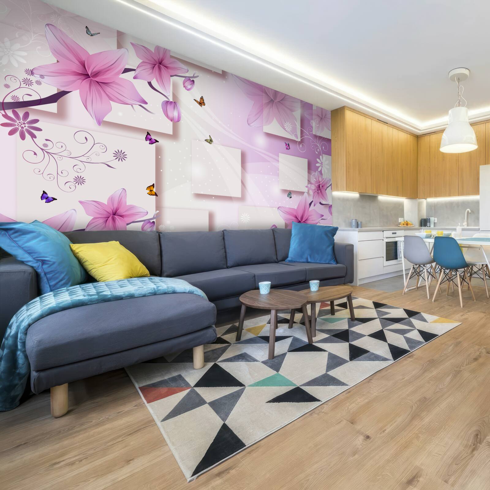 Fototapeta geometryczne kształty ozdobione ciemnofioletowymi kwiatami