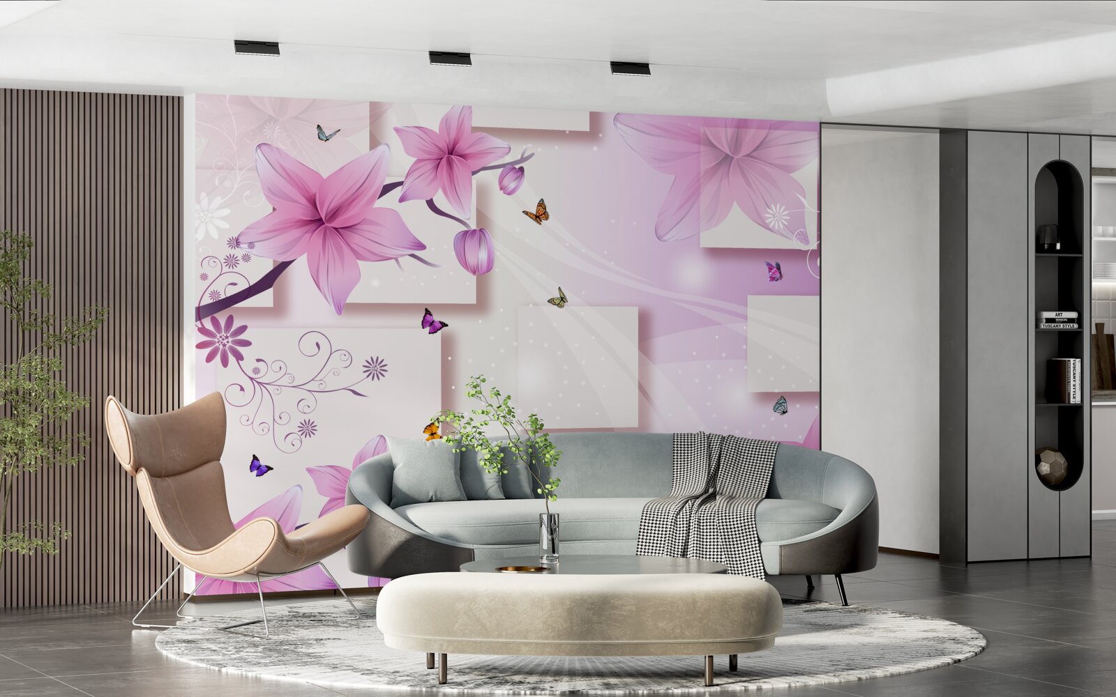 Fototapeta geometryczne kształty ozdobione ciemnofioletowymi kwiatami