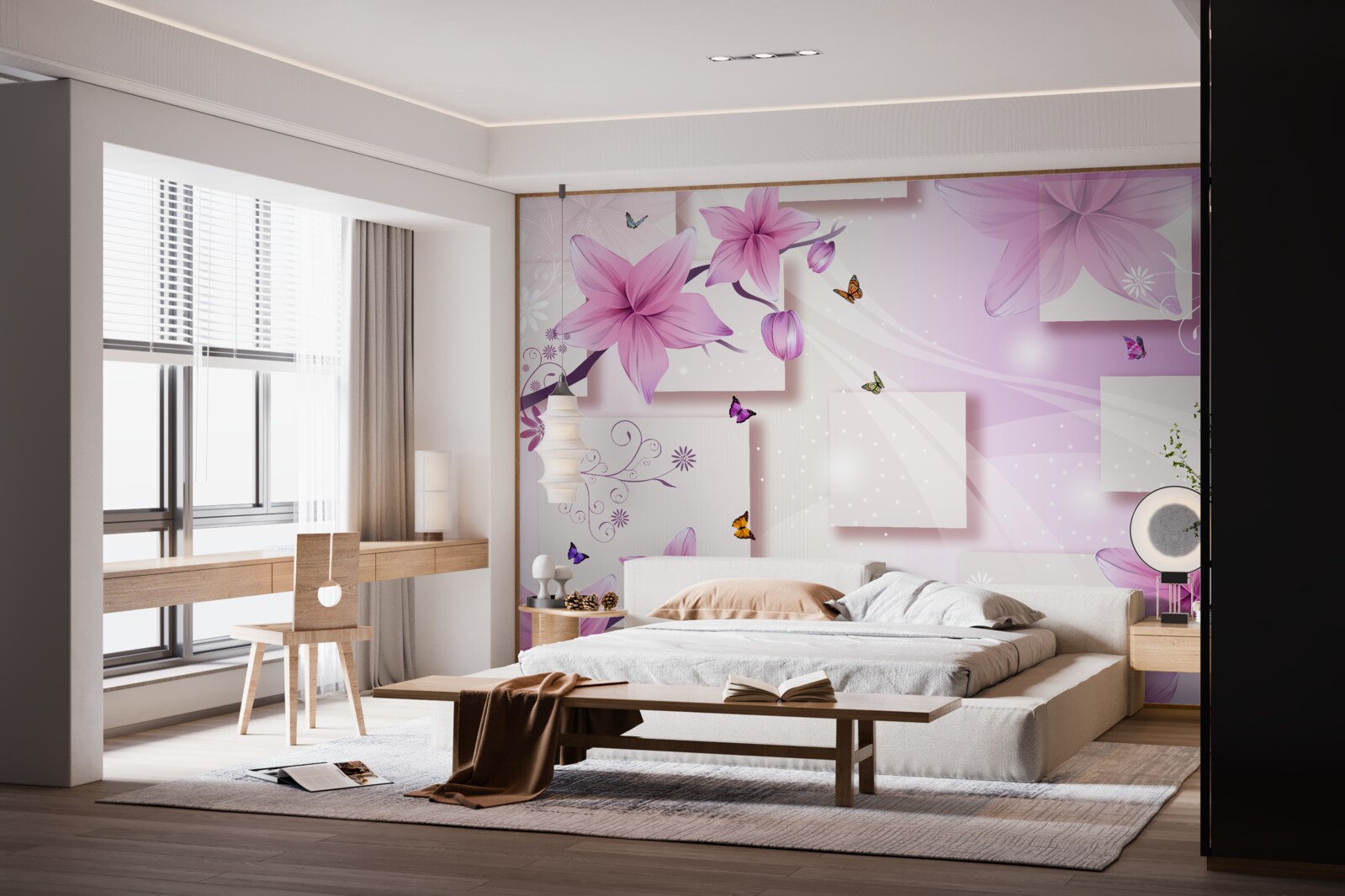 Fototapeta geometryczne kształty ozdobione ciemnofioletowymi kwiatami