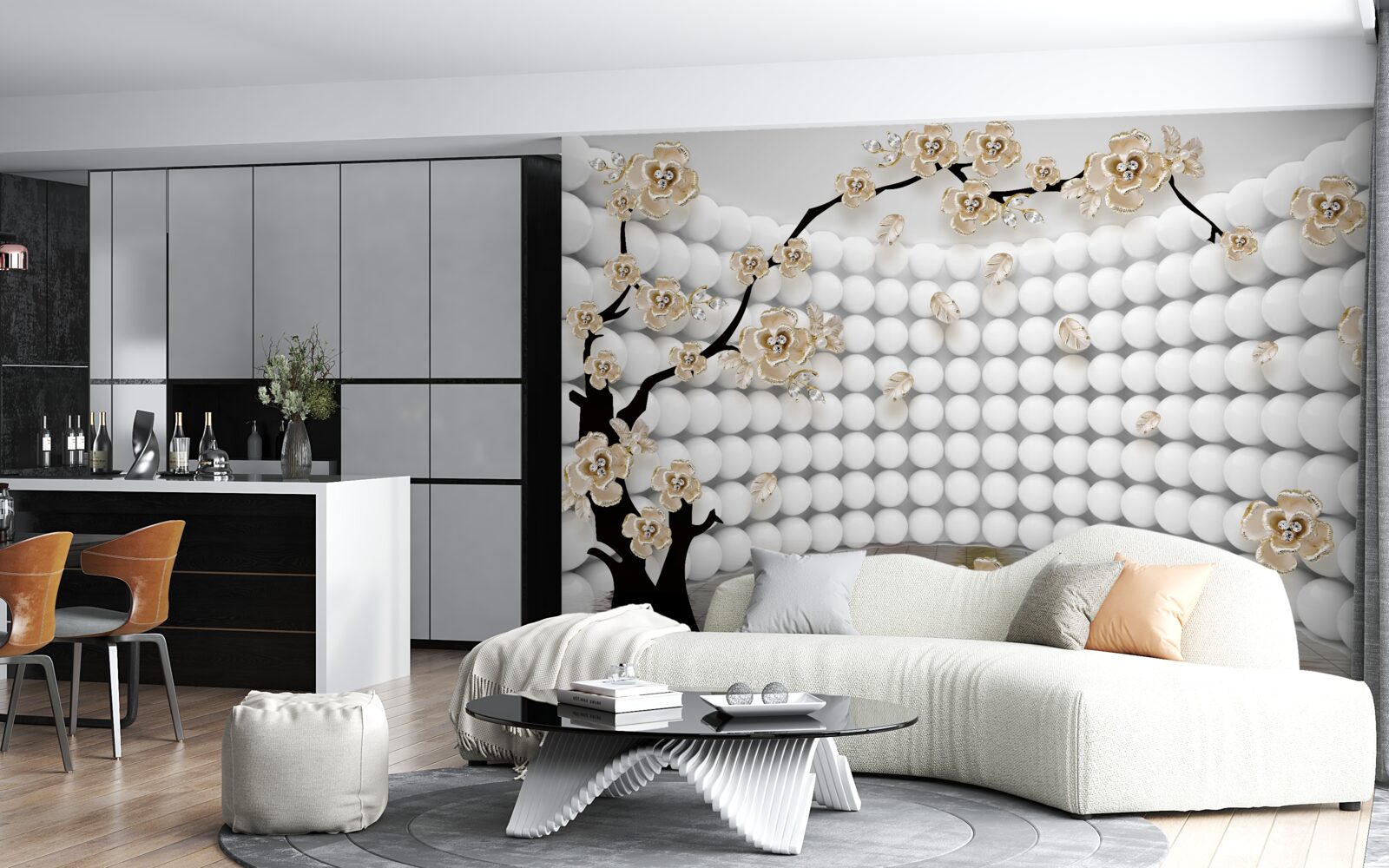 Fototapeta pokój z trójwymiarowymi kulami i drzewem