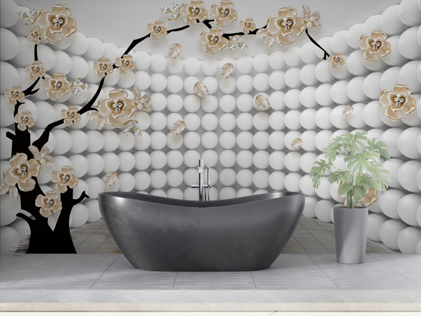 Fototapeta pokój z trójwymiarowymi kulami i drzewem