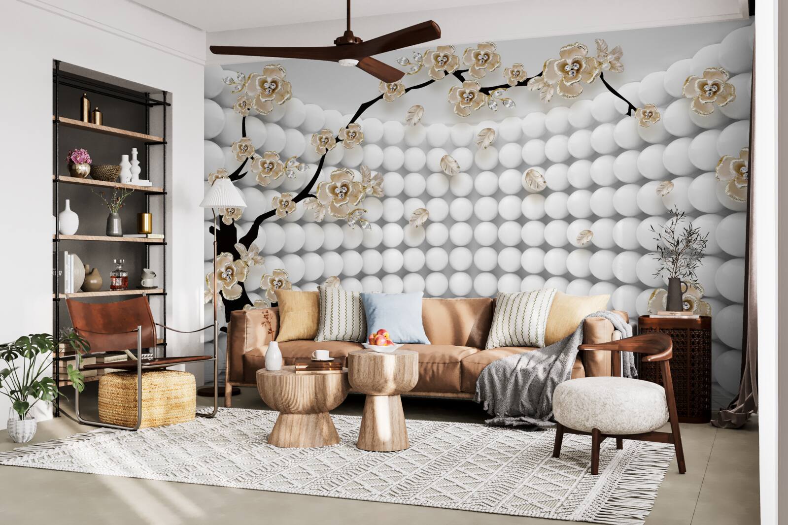 Fototapeta pokój z trójwymiarowymi kulami i drzewem