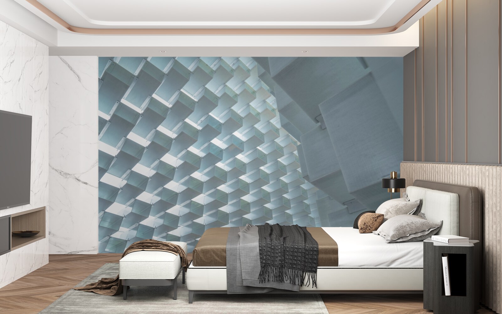 Fototapeta Ściana z pływającymi prostokątami w 3d