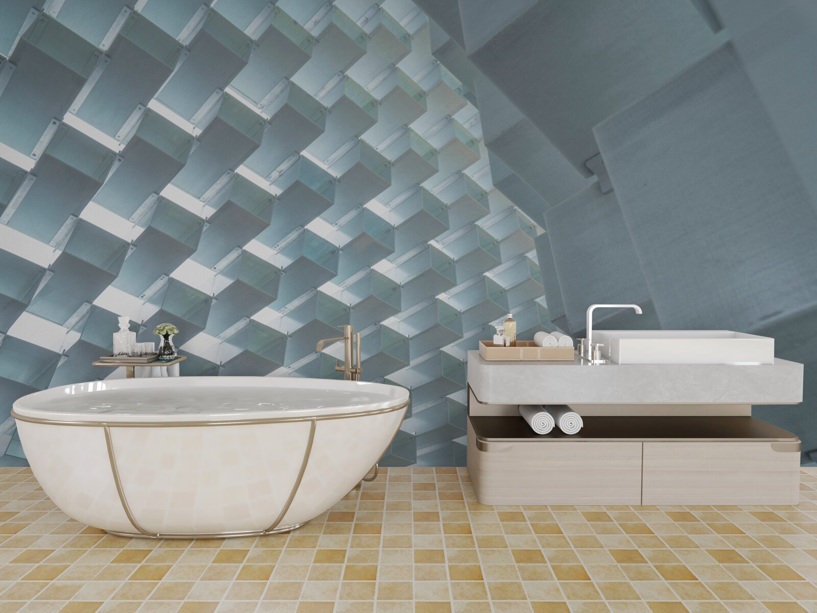 Fototapeta Ściana z pływającymi prostokątami w 3d